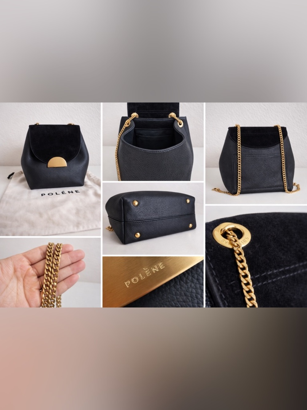 Polène Black Pebbled Leather Shoulder Bag with Gold Chain Strap